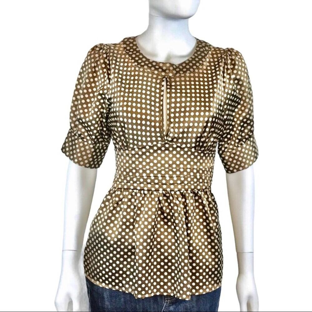 BCBGMaxazria Satin Polka Dot Blouse Brown & Ivory Peep Hole